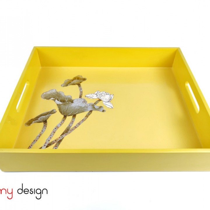 Yellow rectangle lacquer tray hand-painted with lotus 30*36 cm